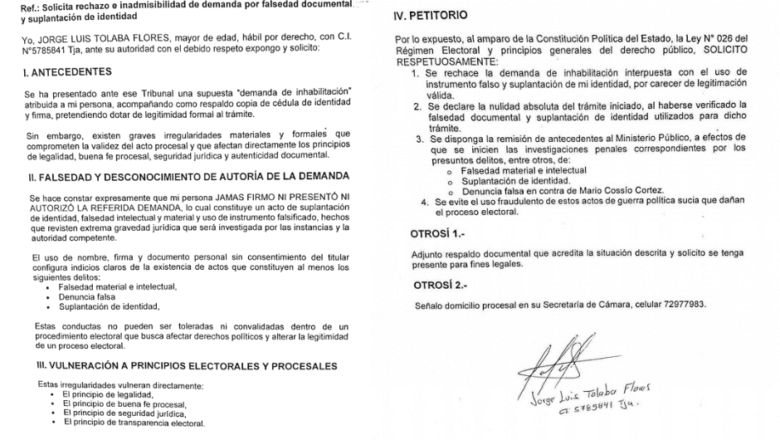 Escándalo en Tarija: Denunciante acusa uso fraudulento de su identidad