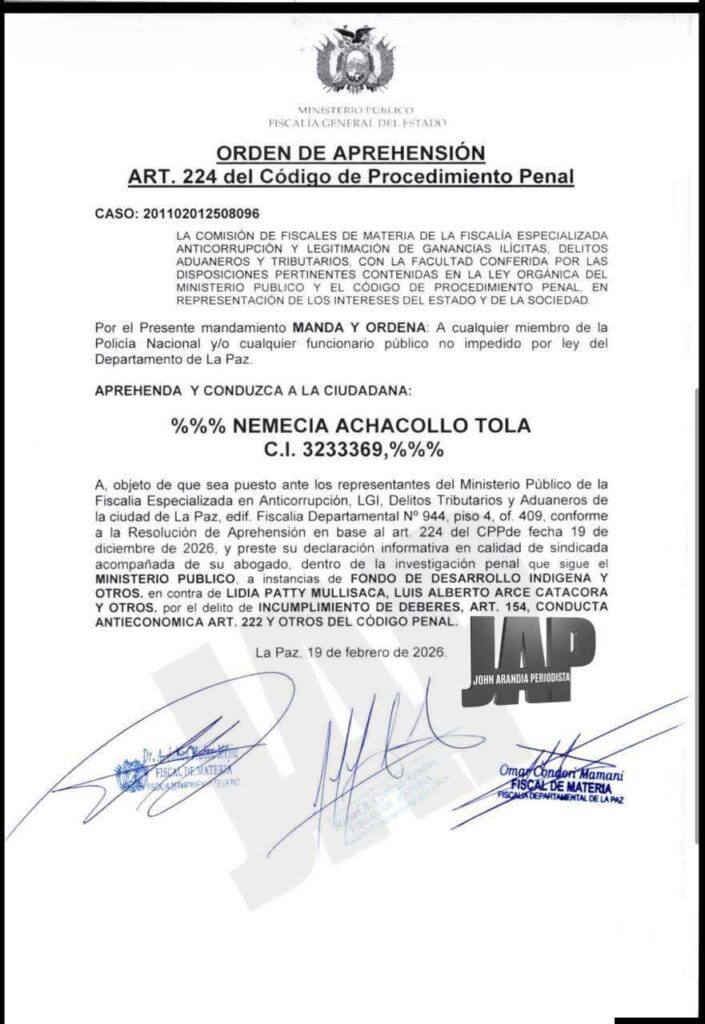 Fiscalía emite orden de aprehensión contra Nemecia Achacollo por caso del Fondo Indígena