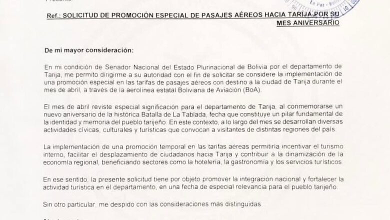 Senador Rolando Vacaflor solicita tarifas aéreas promocionales para Tarija en su mes aniversario
