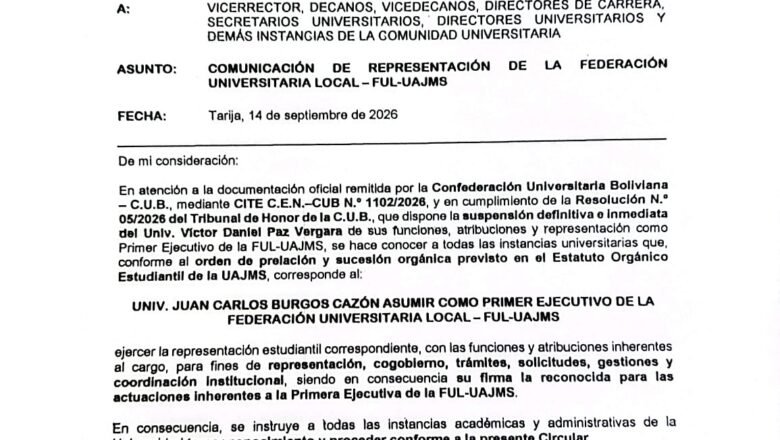 UAJMS de Tarija reconoce a Juan Carlos Burgos como nuevo primer ejecutivo de la FUL