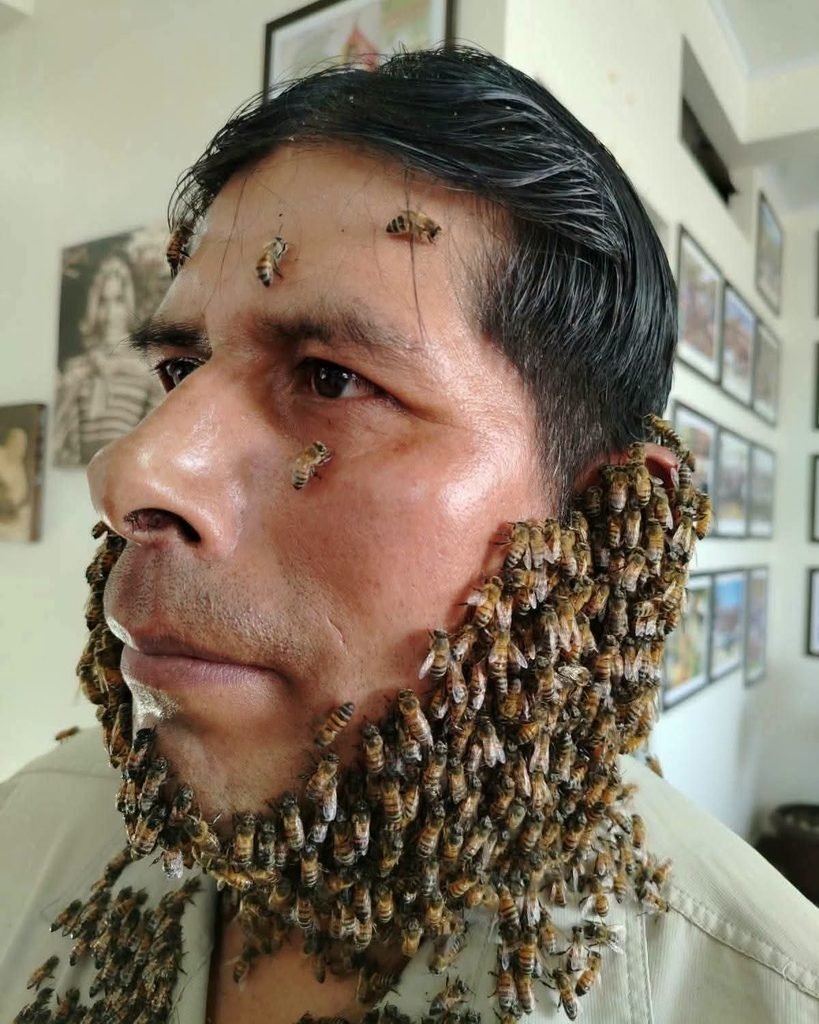 Apicultor ee Padilla llega a Sucre cubierto de abejas para concientizar sobre su importancia en la vida